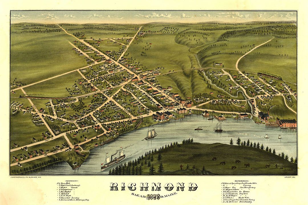 Birds Eye View 1878 Richmond Maine Vintage Style City Map Wall Poster