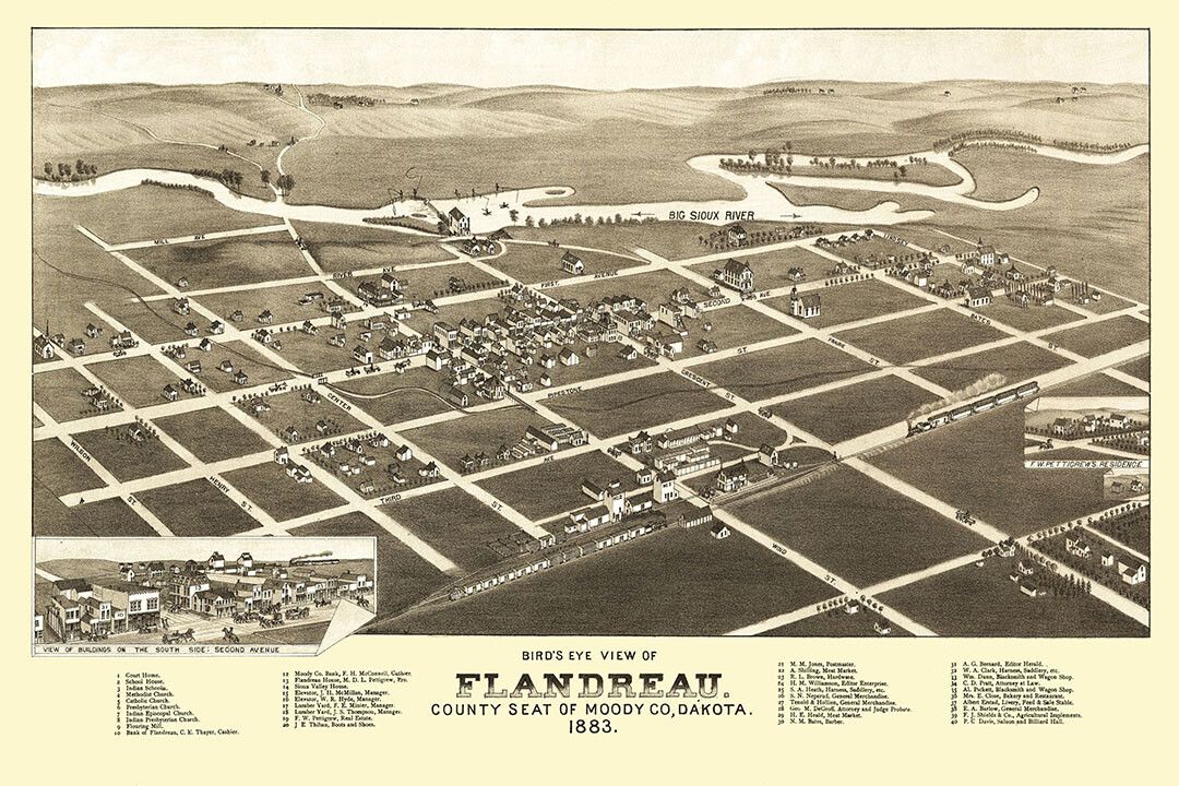 Birds Eye View 1882 Flandreau South Dakota City Map Wall Decor Poster