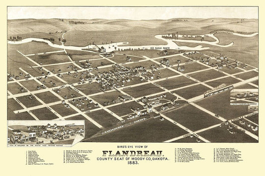 Birds Eye View 1882 Flandreau South Dakota City Map Wall Decor Jigsaw Puzzle