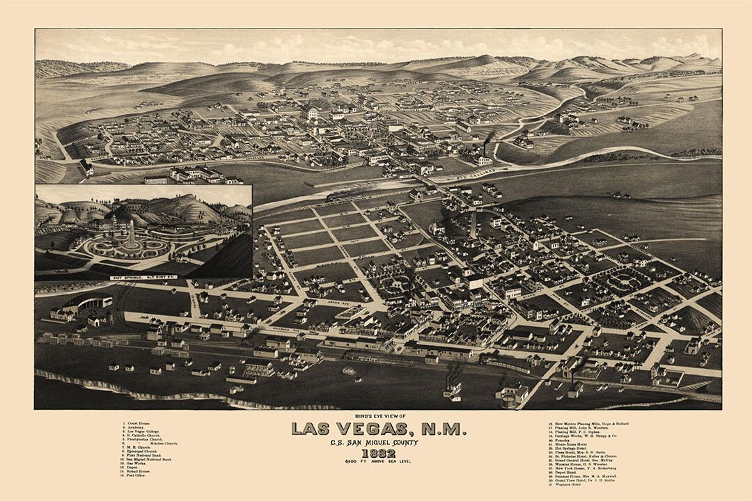 Birds Eye View 1882 Las Vegas New Mexico Vintage City Map Wall Poster