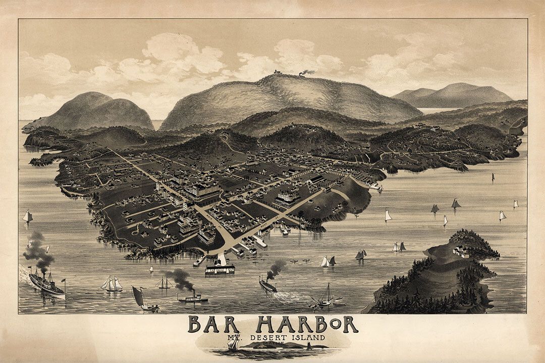 Birds Eye View 1886 Bar Harbor Maine Vintage City Map Wall Art Poster