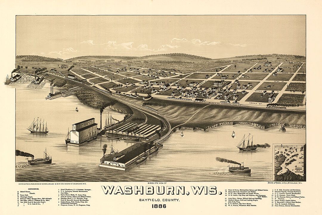 Birds Eye View 1886 Washburn Wisconsin Vintage City Map Wall Poster