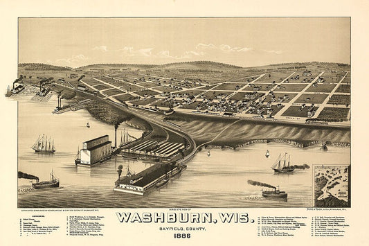 Birds Eye View 1886 Washburn Wisconsin Vintage City Map Wall Poster