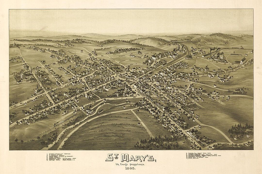 Birds Eye View 1895 St Marys Pennsylvania Vintage Map Wall Art Poster