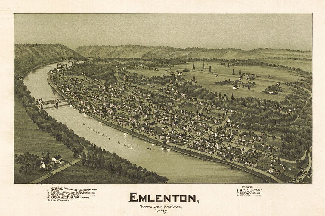 Birds Eye View 1897 Emlenton Pennsylvania Vintage Map Wall Art Poster
