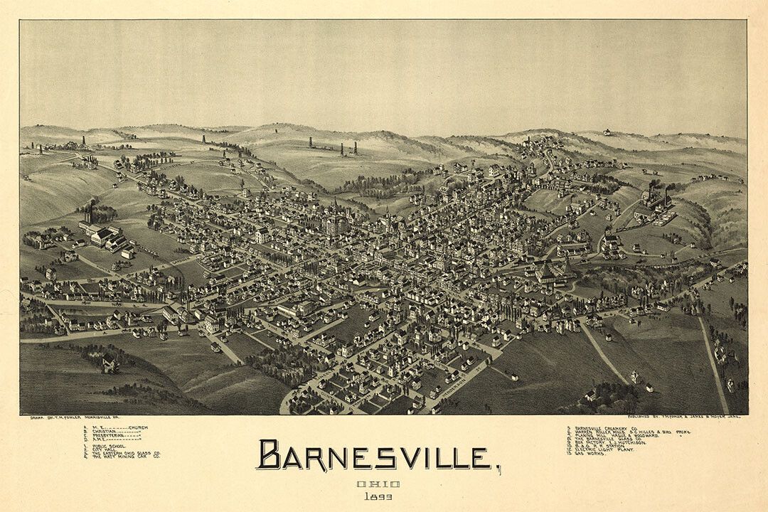 Birds Eye View 1899 Barnesville Ohio Vintage City Map Wall Art Poster