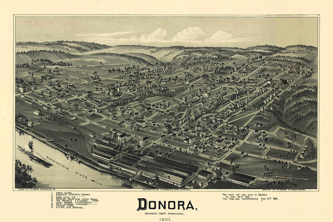 Birds Eye View 1901 Donora Pennsylvania Vintage City Map Wall Poster