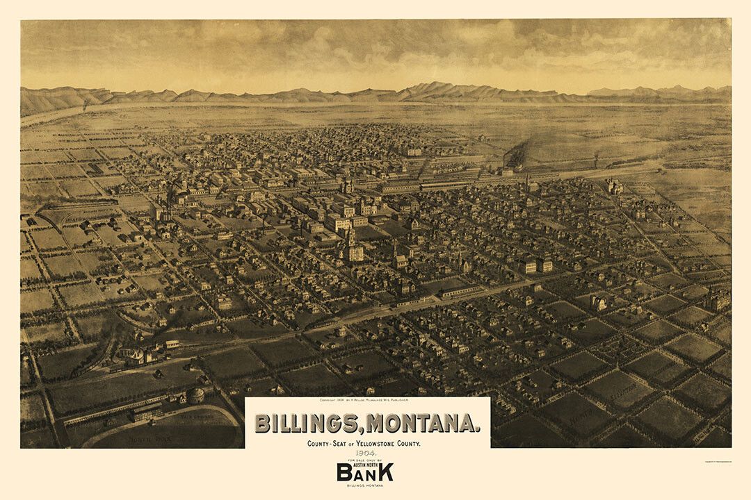 Birds Eye View 1904 Billing Montana Vintage City Map Wall Art Poster