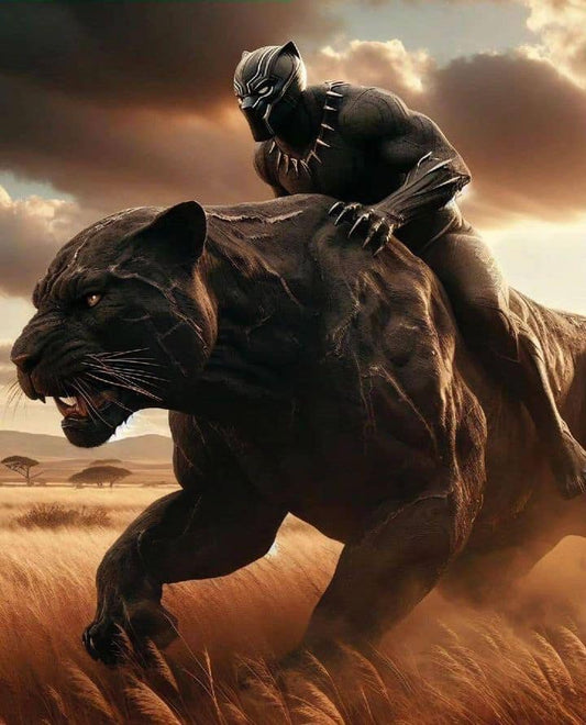 Black Panther Riding Panther Safari Sunset Print Poster
