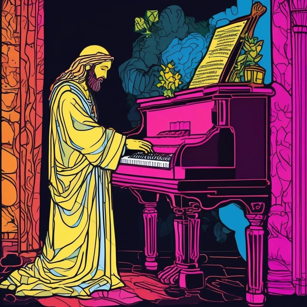 Black Light Style Jesus Playing A Piano Art Poster