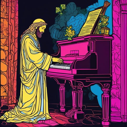 Black Light Style Jesus Playing A Piano Art Keychain
