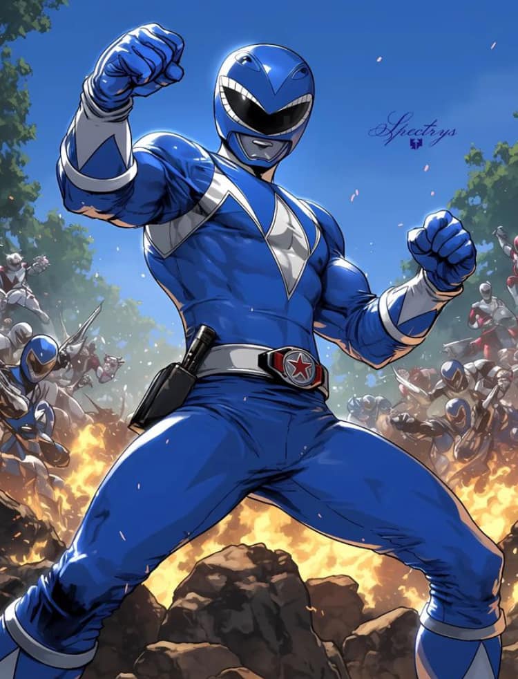 Blue Power Ranger Action Scene Print Poster