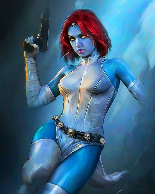 Blue Skinned Female Hero With Gun Print Poster
