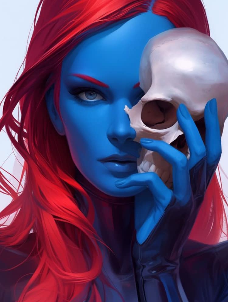 Blue Skinned Woman With Skull Print Poster
