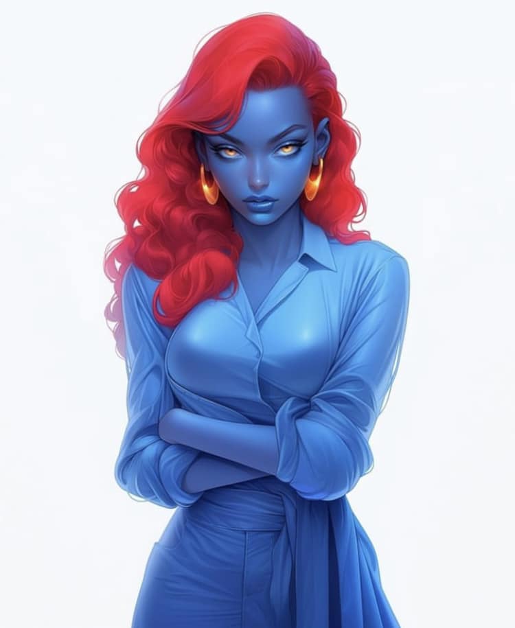 Blue Woman Red Hair Portrait Print Poster
