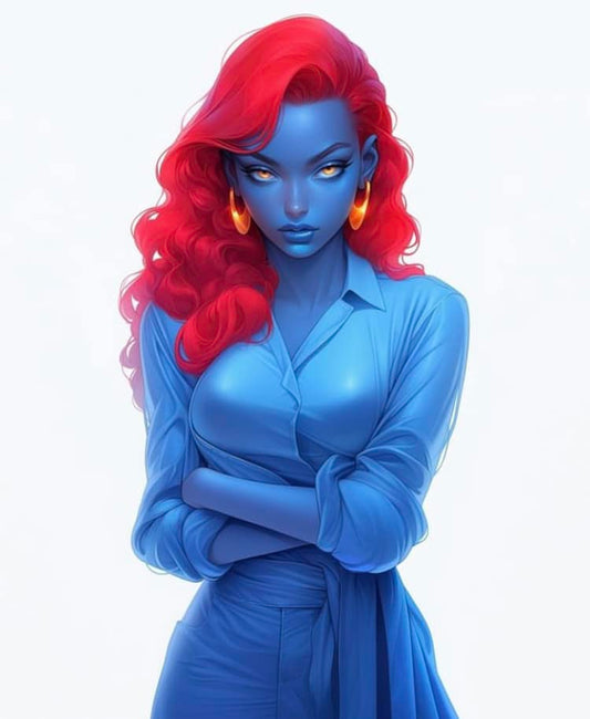 Blue Woman Red Hair Portrait Print Poster