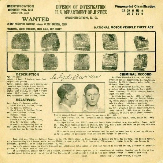 Clyde Barrow Finger Prints Photo Bank Robbers Crime Picture Wide Border