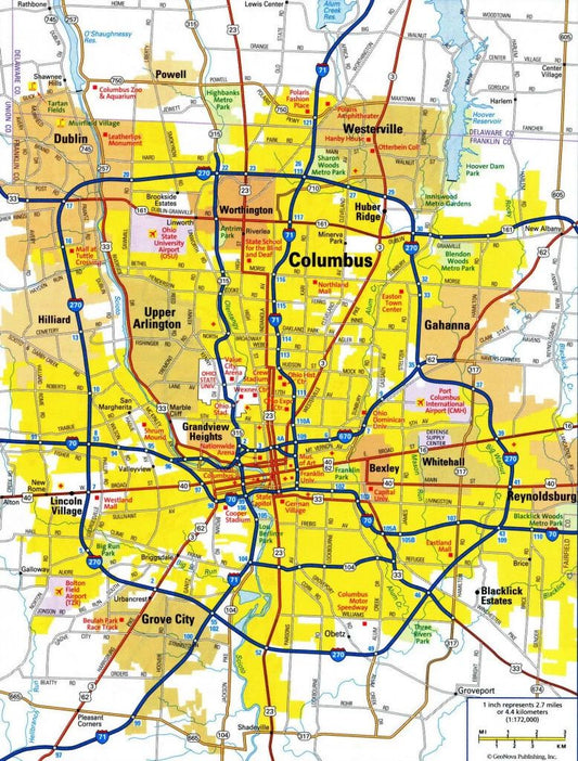 Columbus Ohio Map Road City Usa Oh Detailed Magnet Picture Magnet Print