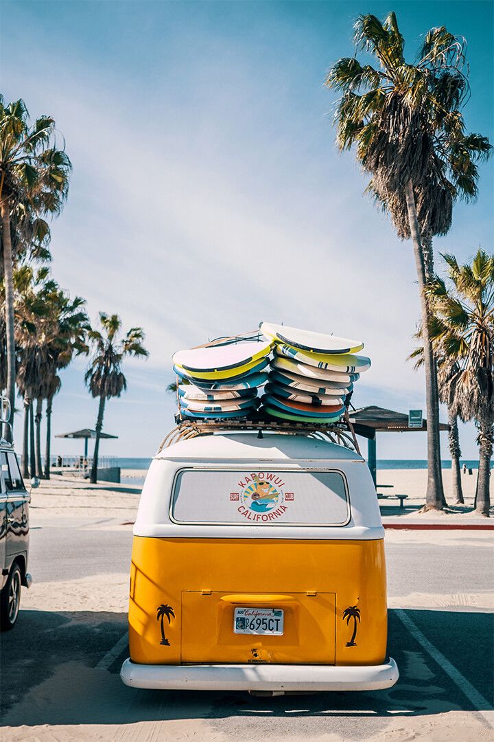California Beach Van Ocean Palm Trees Surfboards Art Print Decor Jigsaw Puzzle