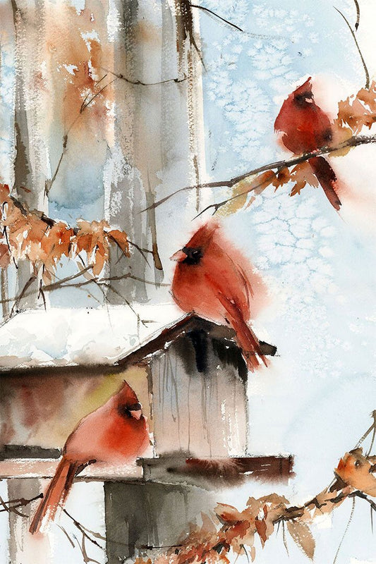 Cardinal Winter Bird Artist Rendition Watercolor Wall Home Decor Jigsaw Puzzle