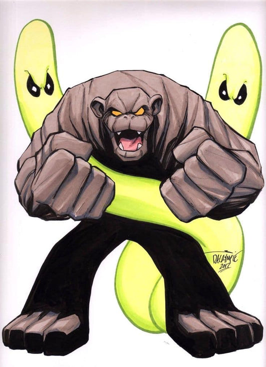 Cartoon Gorilla Vs Green Creature Print Poster