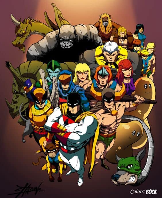Cartoon Superheroes Group Portrait Print Poster