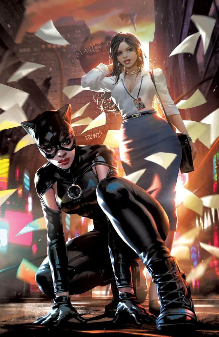 Catwoman And Reporter In City Nightscape Print Poster