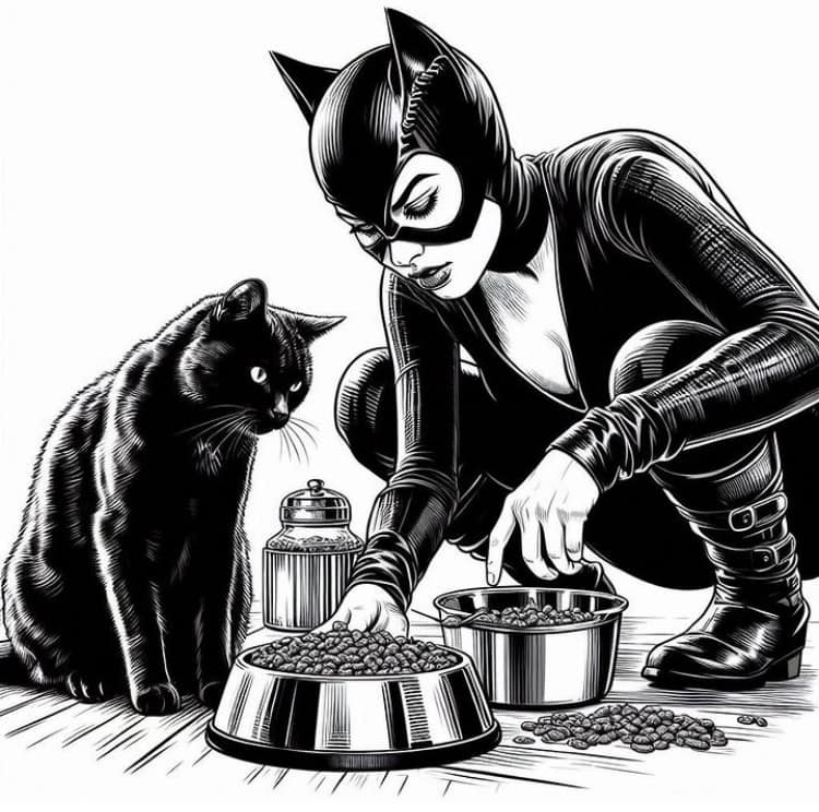 Catwoman Feeding Black Cat Print Poster