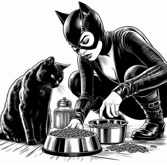 Catwoman Feeding Black Cat Print Poster