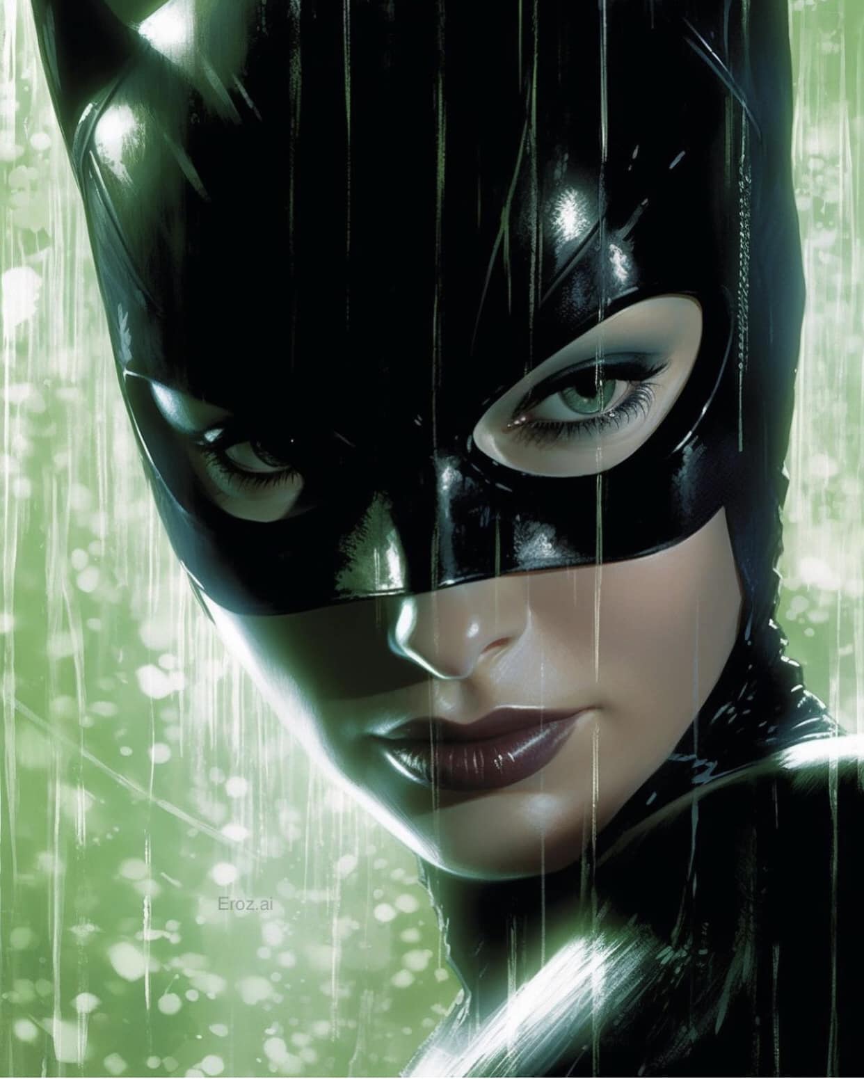 Catwoman Portrait Green Background Print Poster