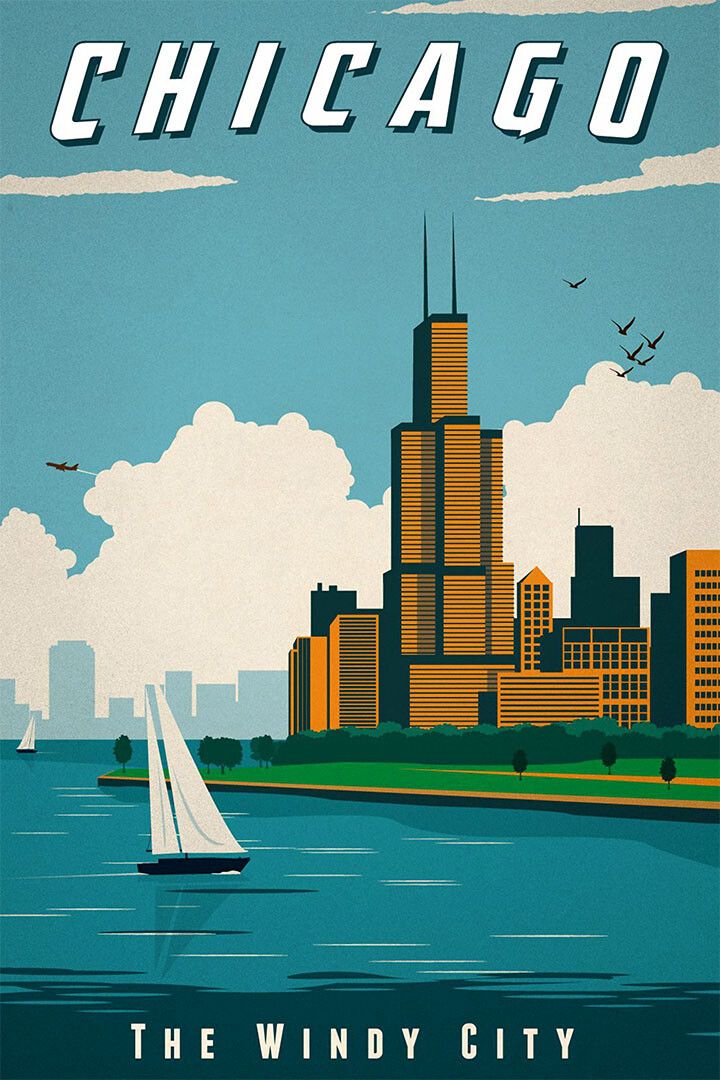 Chicago City Landcape Vintage Travel Painting Keychain