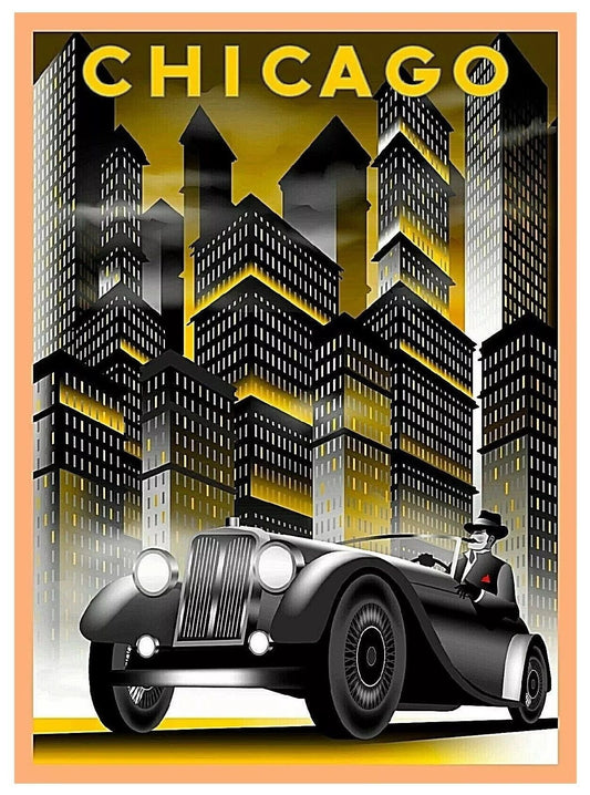 Chicago Illinois Car & Building Retro Travel Art Deco Ad Keychain Keychain