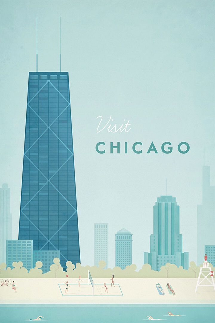 Chicago Travel City Landcape Vintage Painting Keychain