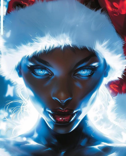 Christmas Themed Portrait Woman Blue Eyes Santa Hat Print Poster
