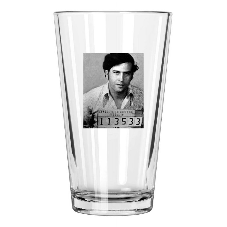 Colombian Mobster Pablo Escobar Photo Drug Lord Mugshot Pint Beer Drinking Glass