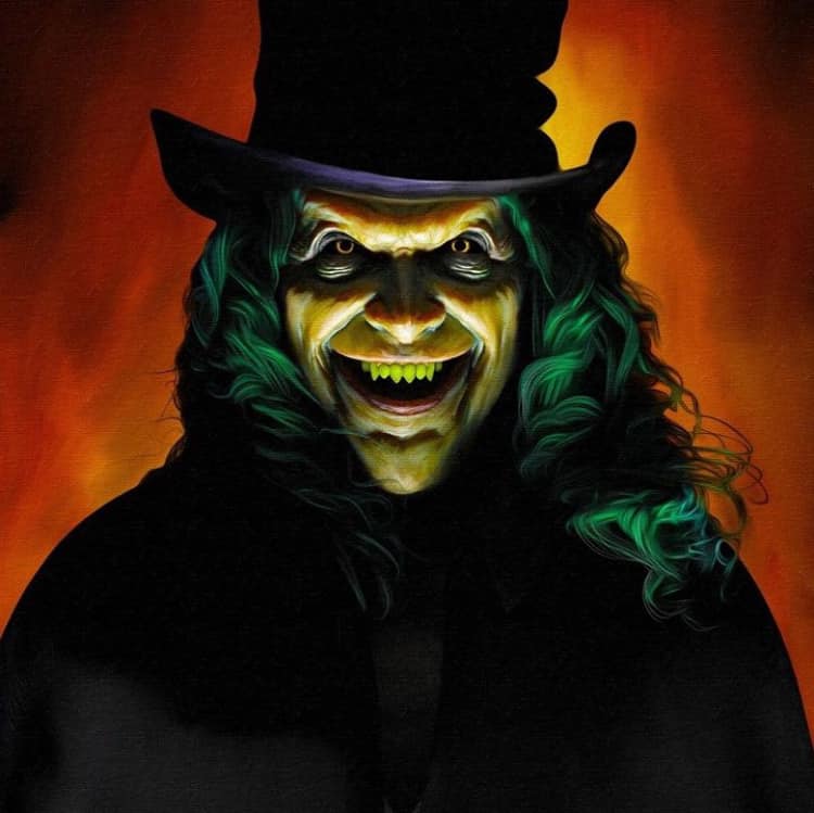 Creepy Wizard Smiling Hat Fire Background Print Poster