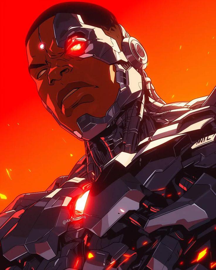 Cyborg Portrait Red Background Print Poster