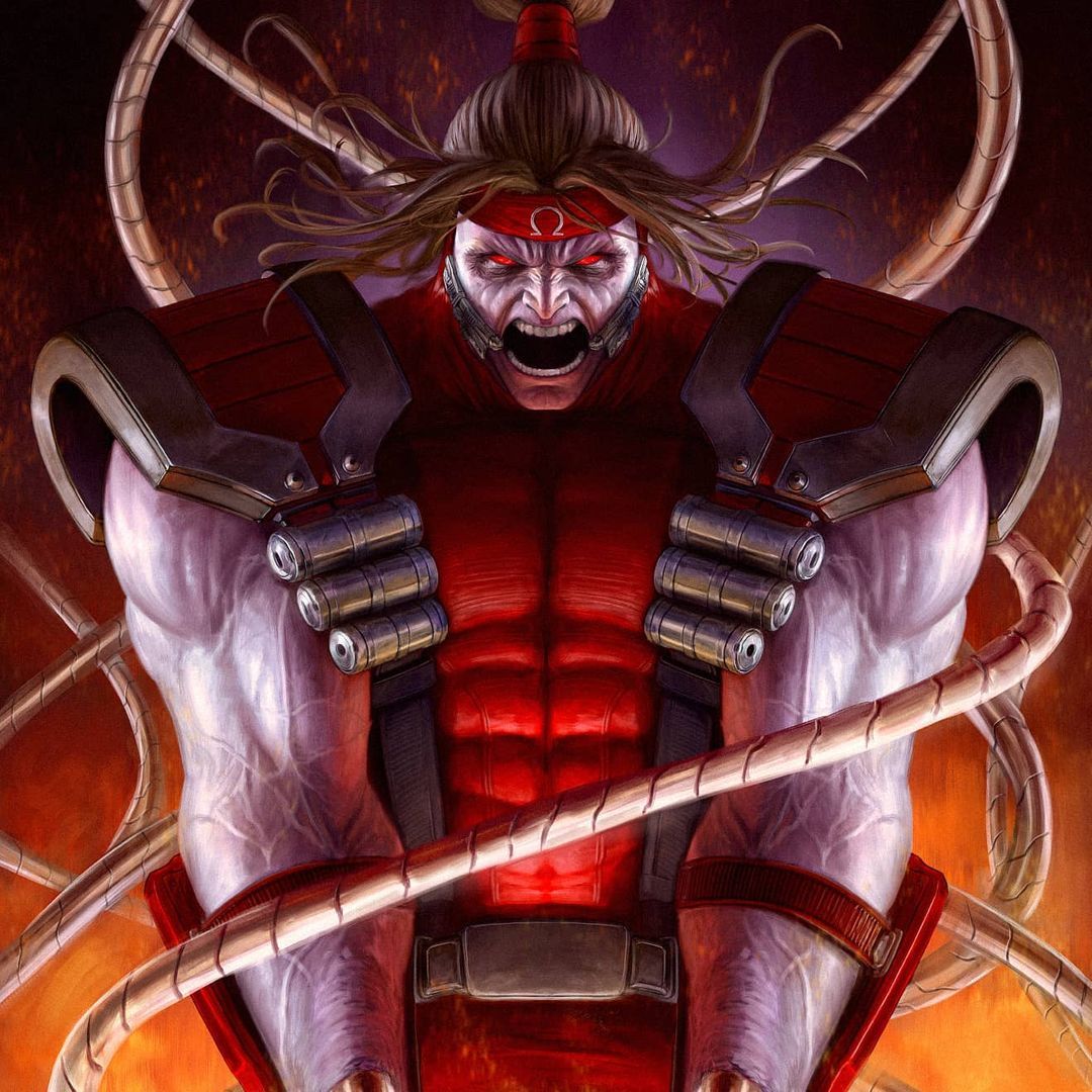 Cyborg Warrior Red Background Print Poster