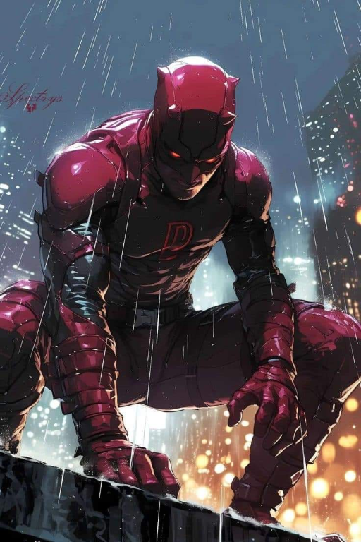 Daredevil Suited Rooftop Rain Print Poster