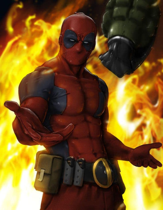 Deadpool Action Pose Fire Background Print Poster