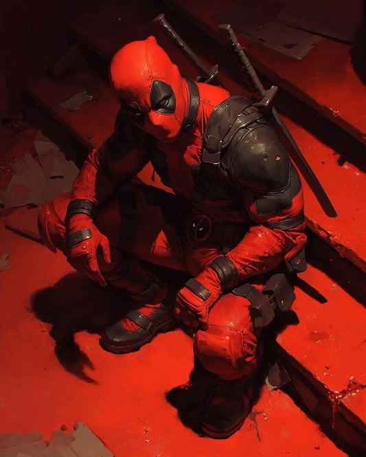 Deadpool On Red Stairs Print Poster