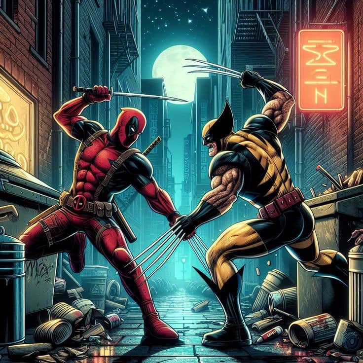 Deadpool Vs Wolverine Alley Fight Print Poster