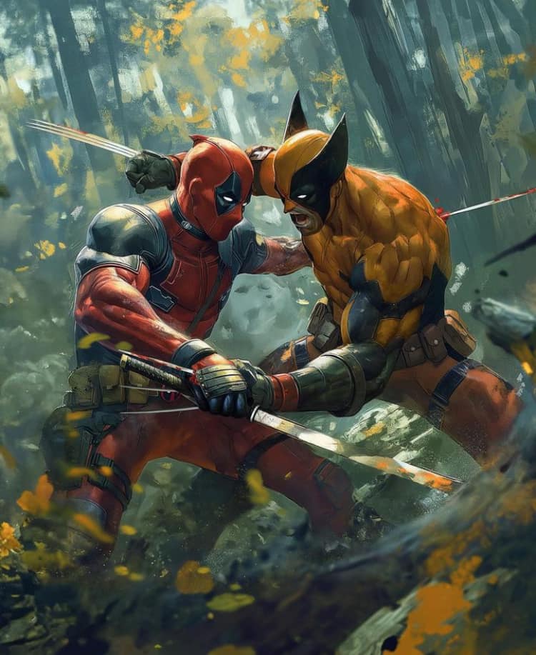 Deadpool Vs Wolverine Battle In Forest Print Poster