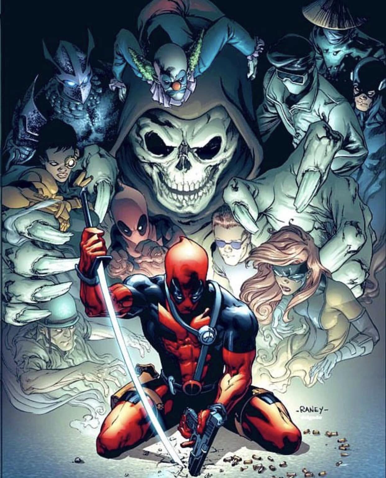 Deadpool With Characters In Background Print Poster