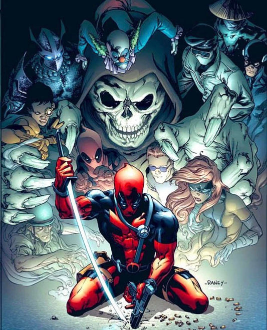 Deadpool With Characters In Background Print Poster