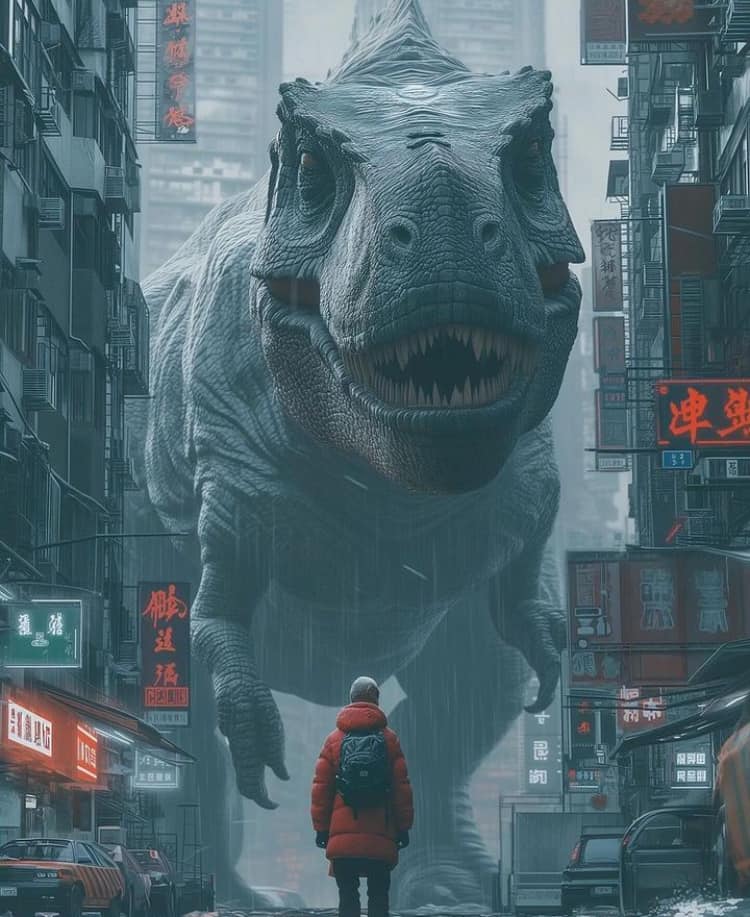 Dinosaur In City Scene Print Poster