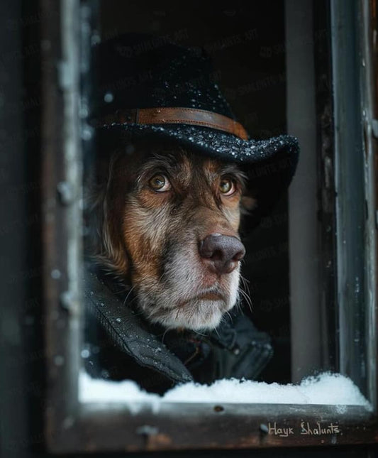 Dog In Hat Window Snow Print Poster