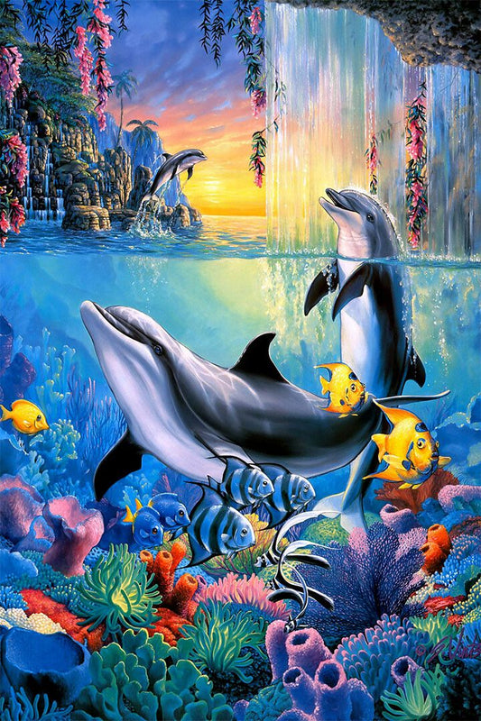 Dolphin Waterfall Animal Artwork Painting Jigsaw Puzzle