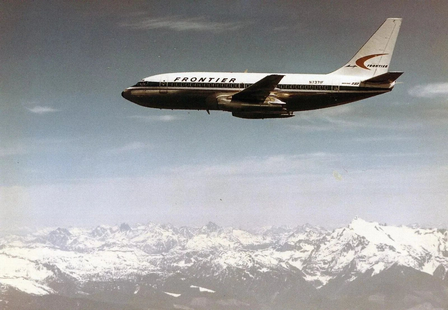 Frontier Airlines 737 Jet Plane Denver Mountains Retro Picture Keychain