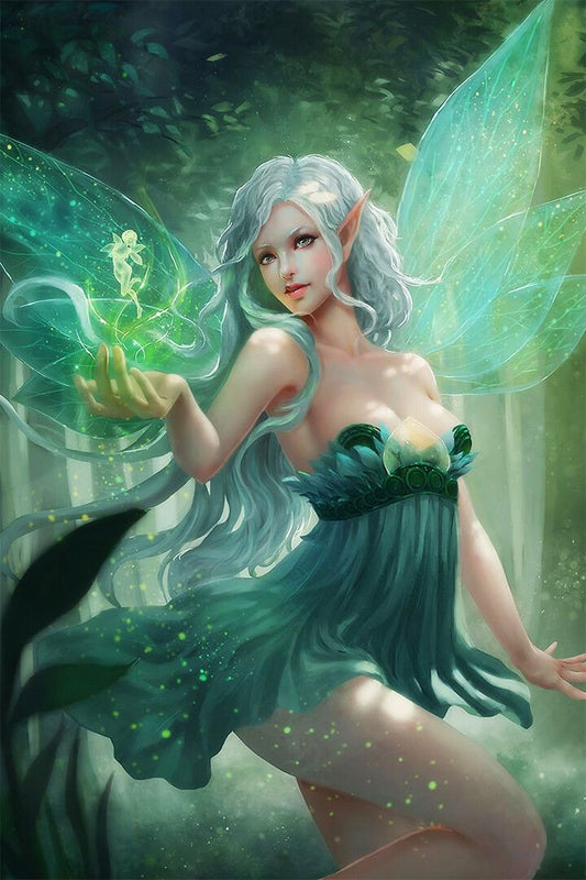 Fairies Girl Oil Painting Green Winged Hominoid Print Jigsaw Puzzle